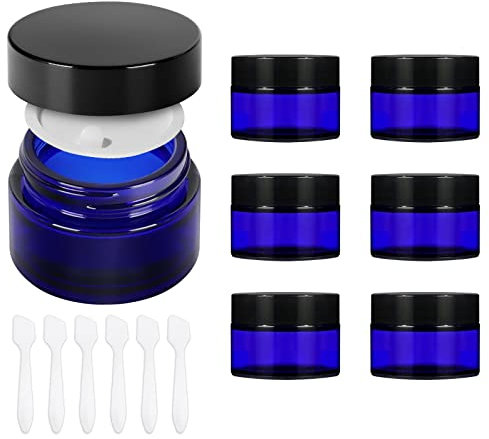 Yishik 6 Pack 30ml Blue Glass Jars with Lids,1 oz Empty Cosmetic Jars for Face Cream Travel Containers,Yishik Round Sample Storage Jars with White Inner Liners
