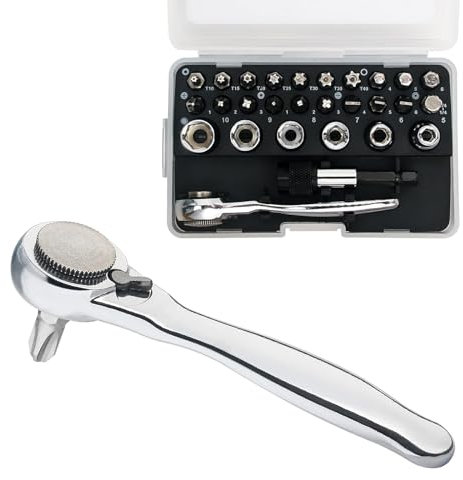 SHARDEN 28pcs 1/4 Ratchet Set Right Angle Screwdriver Mini Socket Set, 72 Tooth Small Ratchet Wrench Offset Ratchet Screwdriver, 1/4 Socket and Bit Set - Torx, Phillips, Flat Head, Pozidrive, Hex
