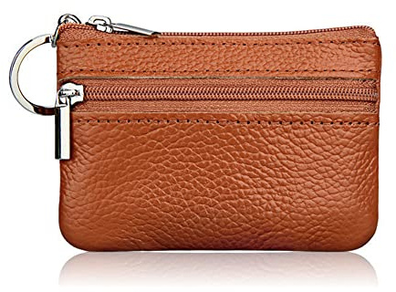 Hibate Mini Leather Coin Purse Holder Pouch for Women Men Kids with Zip Key Ring - Brown