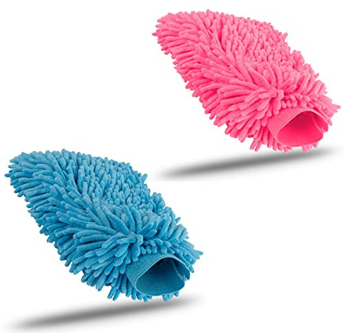 KUNSTIFY Guante de Lavado Accesorios para el Coche Paños de Microfibra Set de Limpieza del Coche Paño de Microfibra Set de Cuidado del Coche Paño de Nanofibra (Azul Claro + Rosa)