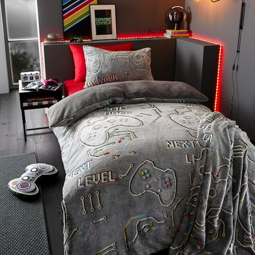 Catherine Lansfield Game Over Glow in The Dark Parure de lit Simple en Polaire avec Housse de Couette et taie d'oreiller Noir