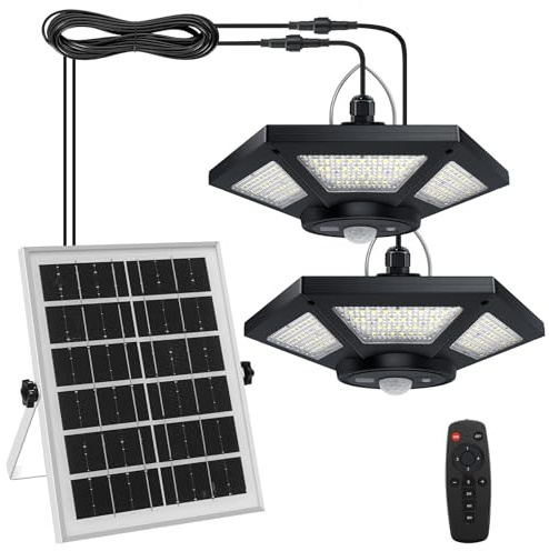Aqonsie Solar Shed Light Indoor Outdoor 180LED Dual Head Solar Powered Pandent Daytime Work Lights with 5 Lighting Modes & 3 Timers, Solar Indoor Lights Motion Sensor with Remote for Shed Barn Garage