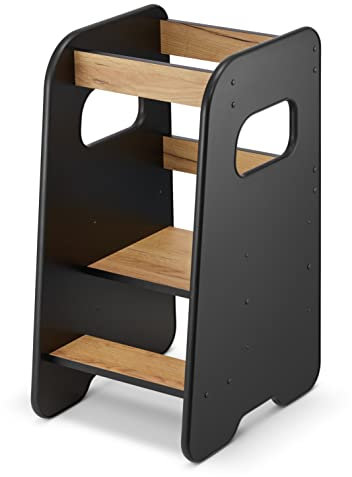 defiPad Lernturm ab 1 Jahr - 3 Stufen Höhenverstellbar, Sicher & Stabil - Learning Tower mit Kippschutz - Lernturm Montessori für Kinder - Hergestellt in der EU - Schwarz & Eiche