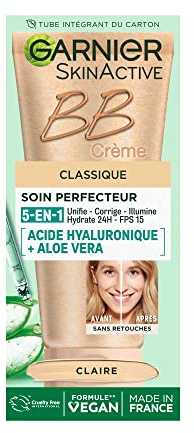 Garnier Skin Active BB Cream - Trattamento perfetto tutto in 1 - Unifie, Matifie & Hydrate - FPS 25 - Acido Ialuronico & Aloe Vera - Vegan & Cruelty Free - Pelle mista grassa - Tinta chiara - 50 ml