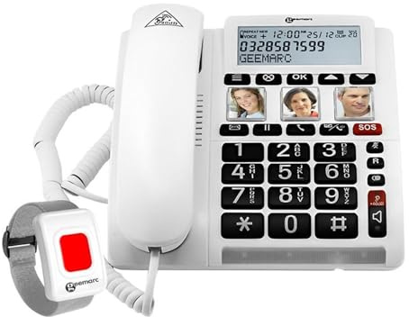 Geemarc CL610 - Emergency Response Telephone and its Waterproof SOS Bracelet with Amplified Receiving Volume and Customisable Photo Memories - Ideal for Elderly People Living Alone - UK Version