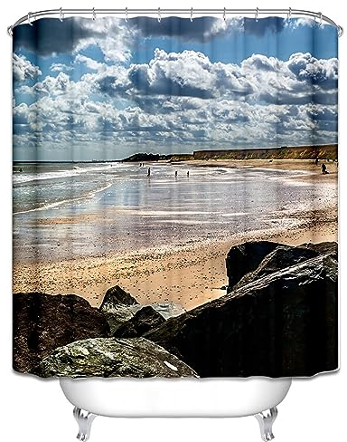 Homxi Duschvorhang Ösen,165 W x 200 H cm,Badvorhang Blau Weiß Braun Strandlandschaft Polyester Duschvorhangringe