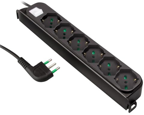 Ekon multipresa a ciabatta con 6 porte, per spine italiane, per prese schuko, spine europee, cavo da 1.5m, spina italiana 16A, interruttore luminoso, max. 3500W, nero
