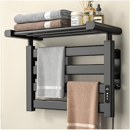 SWHC Heated Towel Rail, 135W Towel Warmer Digital Display Radiator Towel Rail Electric Towel Rail Timer 1-9H, 4-Bar Bathroom Radiators 53 * 41.5 * 26cm Electric Towel Radiator with Shelf