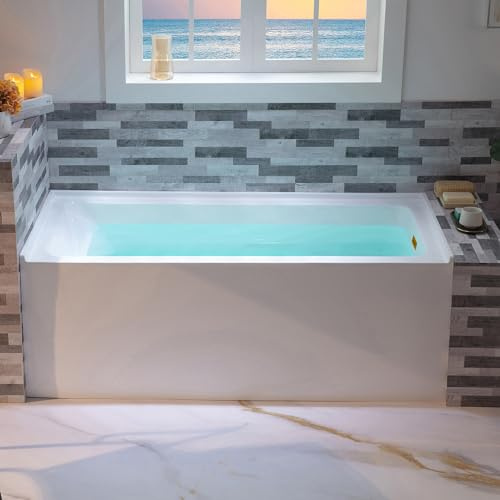 WOODBRIDGE 60 Acrylic Rectangular Alcove Soaking Bathtub in White with Right Drain, Brushed Gold pop-up Drain Included, LB666-R