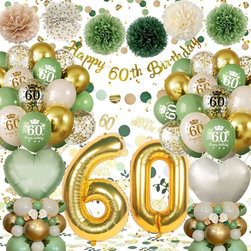 Decoracion 60 Cumpleaños Mujer Hombre, Globos 60 Cumpleaños Verdes Oro con Guirnalda Happy 60th Birthday,Pompones de Papel, Globos de Corazón Reutilizable, Decoracion Fiesta 60 Cumpleaños