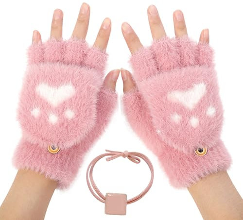Halbfinger Handschuhe Damen,Katzenpfote Handschuhe,Damen Fingerlose Handschuhe,Abdeckung Umdrehen Handschuhe,Winterhandschuhe Damen,Handschuhe Winter,Plüsch Halbhandschuhe für Mädchen Kinder,Rosa
