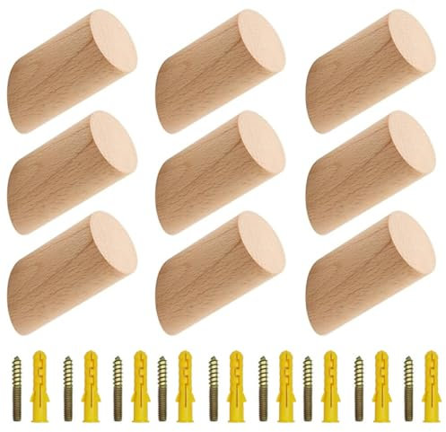 Kellegour 9 Stück Holz Kleiderhaken Natürliche,Rund Holz Kleiderhaken,Holzhaken Holz Wandhaken,Holz Garderobenhaken für Mützen,Rucksack,Schals,Kleidung,8x3cm