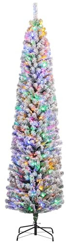 HOMCOM 7ft Pre Lit Artificial Christmas Tree Holiday Décor with 250 Colourful LED Lights and 592 Snow Flocked Tips, Pine Cone, Berry, Ball Tree Decoration
