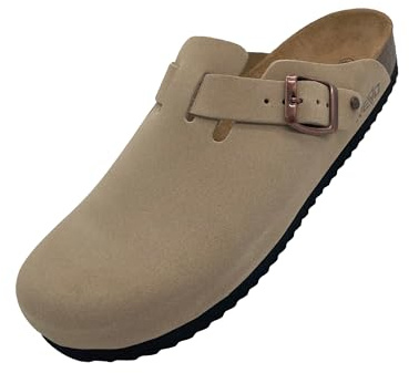 Revo Modische und bequeme Unisex Kork Fußbett Pantoletten, Hausschuhe und Sandalen für Erwachsene, hochwertiges Leder, nachhaltige Herstellung in Spanien (Beige, Gr. 43)