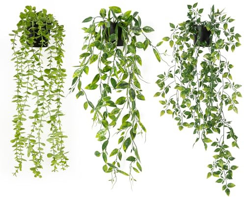 Halbur Artificial Hanging Plants, 3PCS Fake Plants, Fake Potted Greenery Plant Faux Eucalyptus Vine, Mandala Vine, Pea pod Leaves in Pot for Home Room Indoor Outdoor Shelf Decor