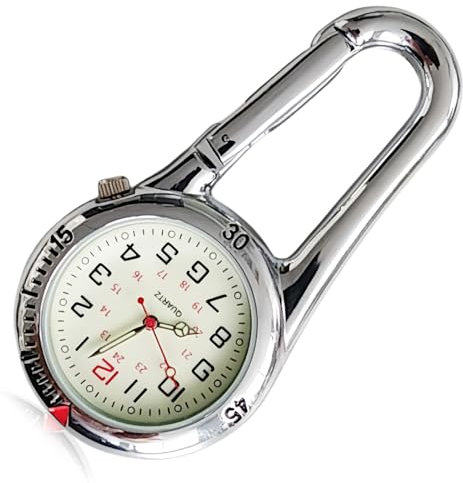 GOMETY Schwesternuhr Taschenuhr, Karabineruhren Leuchtende Schwesternuhr Uhr mit Karabiner Clip Krankenschwestern Uhren Multifunktionale Quarzuhr für Herren Damen Outdoor Rucksack Kletterer (Silber)