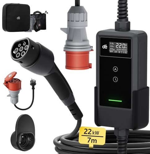 dé Mobile Wallbox/Ladestation 22kW Mit App [3-phasig|7m|6-32A] mit stromzähler, Ladekabel CEE 32A auf Typ 2 und EV Ladegerät für Model Y/3, ID.3/4/5, MG4, EX30, e-up, e-tron, Zoe und andere EV/PHEV