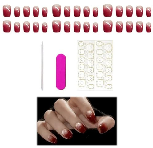 30 Stück Press On Nails, Nägel zum Aufkleben Rotes Katzenauge, fingernägel zum aufkleben, Full Cover Kunstnägel für Frauen, Fake Nails für Halloween und Weihnachten