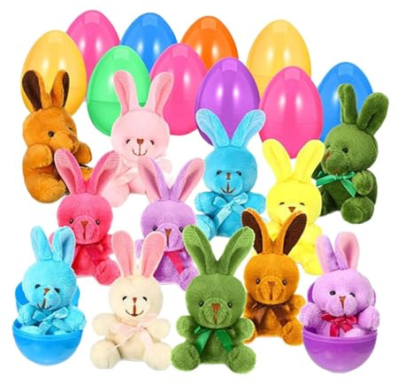 Dickly 12PCs Pre -filled Easter Eggs with Mini Stuffed Plush Toys, Material Animals Rabbits Bulk Basket Fillers Prefilled Easter Eggs for Easter Basket Stuffers Party Favors Egg Hunt for Kids