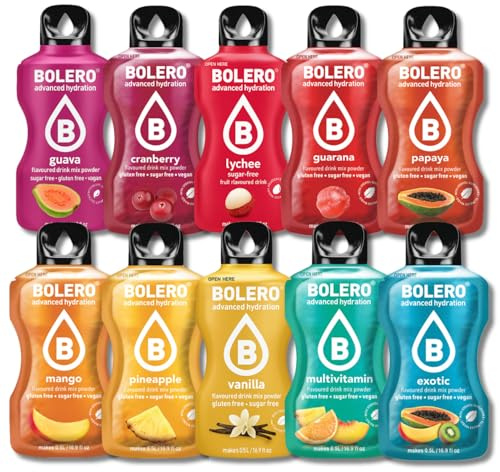 BOLERO Exotiques | Assortiment de 10 sticks 9g de Poudre pour Boisson sans sucre à la Stevia | Sans Conservateur ni colorants artificiels, Faible en calories, il convient pour toute la Famille