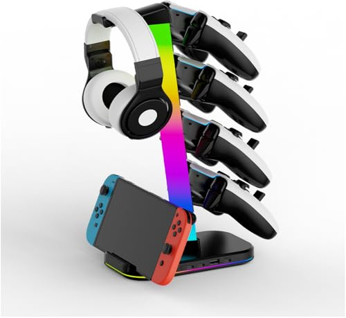 Padwa Gaming Controller & Headset Holder with RGB Light | Storage for 4 Controllers, 1 Headset & Smartphone, 3 Charging Ports (Type-C + USB-A)