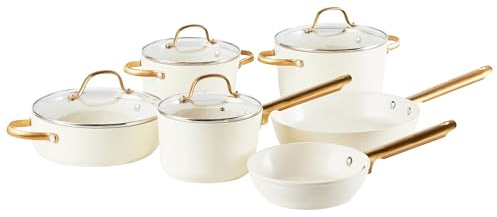 Conjunto de 10 piezas 3 ollas 2 sartenes con recubrimiento cerámico antiadherente aluminio blanco crema Elite Pro