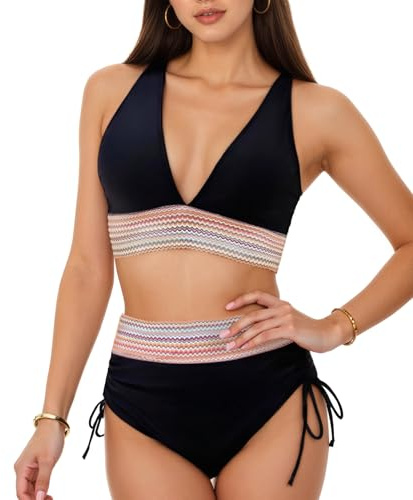 Neteson Costume da Bagno Donna Due Pezzi Vita Alta Imbottito Reggiseno Bikini Set Sexy Scollo a V Push Up Costumi da Bagno Beachwear Swimwear per Spiaggia Piscina