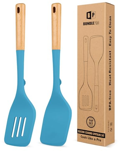 Pack of 2 Large Silicone Spatula, Heat Resistant Solid Turner, Non Stick Slotted Spatulas with Wooden Handle, Ideal Kitchen Utensils for Flipping, Pancakes, Eggs, Fish(Blue)