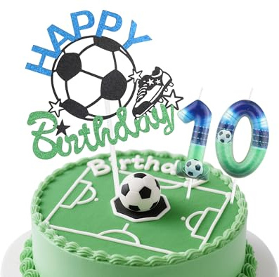 Football 10th Birthday Candles Cake Toppers,Blue Green Number 10 Candle,Boys 10th Birthday Decorations,Soccer Candles Toppers Football Cake Decorations for Soccer Themed Party Supplies