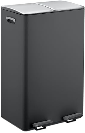 Relaxdays Pattumiera a Pedale da Cucina, 2 Scomparti 30 L Raccolta Carta e Plastica, Coperchio Silenzioso, Nero Argento