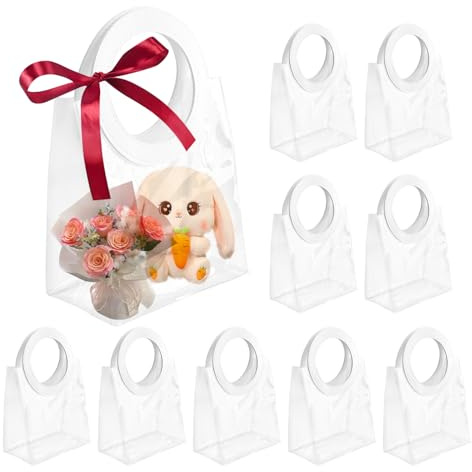 HMIEPRS 10 Stück Durchsichtige Geschenktüten mit Henkel, Wiederverwendbare Tragetaschen Kleine Geschenktasche für Einschulung Partygeschenke Hochzeit Geburtstag Weihnachten Halloween (18x10x20 cm)