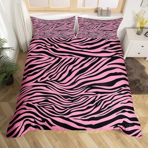 Loussiesd Filles Zebra Parure de Lit Leopard Ensemble de Literie pour Adolescents Noir Rose Animaux Impression Housse de Couette 220x240cm Simple Moderne Rayures Chambre à Coucher décor Respirant
