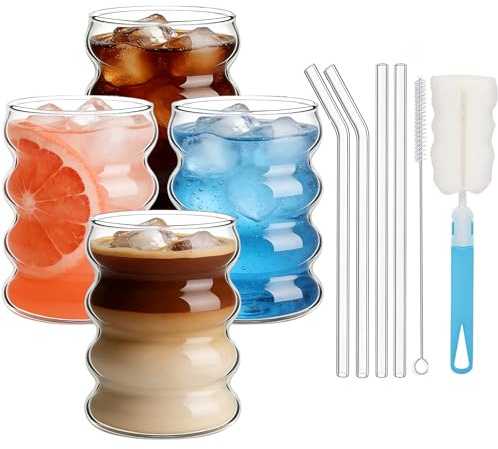 unbholkk 4er Set 350 ML Bubble Gläser, Gläser Gerippte Trinkgläser mit Glasstrohhalmen, Wave Gläser Wassergläser, Matcha Gläser für Gastronomie, Wasser, Saft, Bier (Paket1)