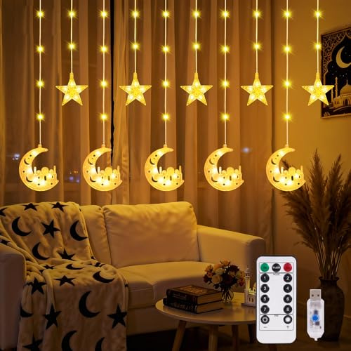 VIMAZ Ramadan Curtain String Lights, 3M LED Star Moon Curtain Lights with 8 Flashing Modes, Waterproof Hanging Fairy Light for Ramadan Wedding Party Home Terrace Lawn