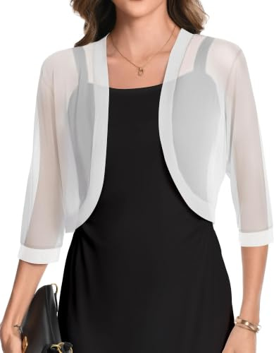 florynova Womens Mesh Shrugs Open Front Cropped Bolero Cardigans(White,M)