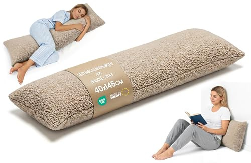Totsy Baby Cuscino per dormire sul fianco 40x145 cm – cuscino lungo ergonomico Body Pillow fodera Bouclé morbido traspirante sfoderabile – certificato OEKO-TEX Beige