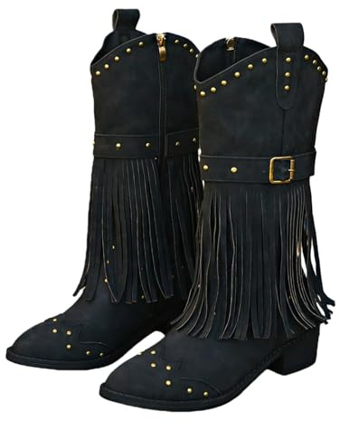 Retro Western Cowboystövlar Med Fransar Långa Damstövlar I PU-läder Med Nitar Damridstövlar Med Dragkedja På Sidan Spetsiga Skor Med Blockklack(Black,38 EU)