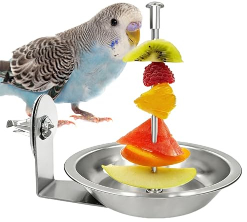 Ciotole per gabbia per uccelli – di cibo e in acciaio inossidabile con spiedino, stazione di alimentazione per parrocchetti, supporto snack in gabbia, accessorio per habitat