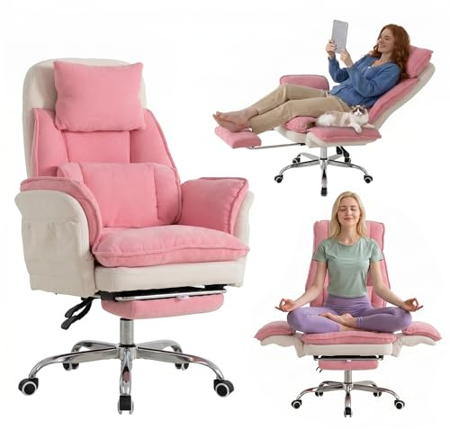 UEV Bürostuhl mit Fußstütze bis 226kg, Computerstuhl, Drehstuhl, Rosa | Hochklappbare Armlehnen/Integrierte Fußstütze/Leises, leichtgängiges Rad, Schreibtischstuhl für schneidersitz, Home Office