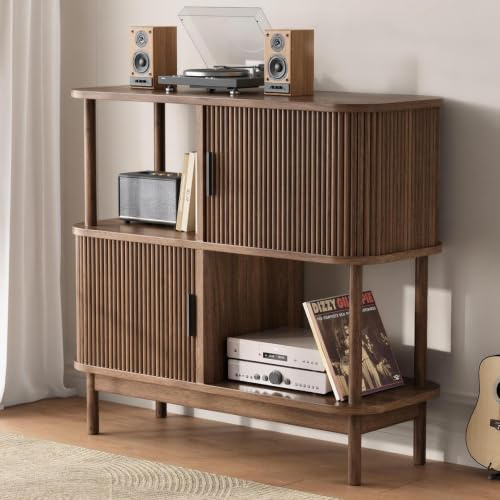 oneinmil Record Player Stand, Mid Century Modern Turntable Cabinet with 2 Sliding Doors and 2 Open Storage for Up to 400+ Album, Wood Vinyl Record Storage Stand for Living Room Music Corner, Walnut