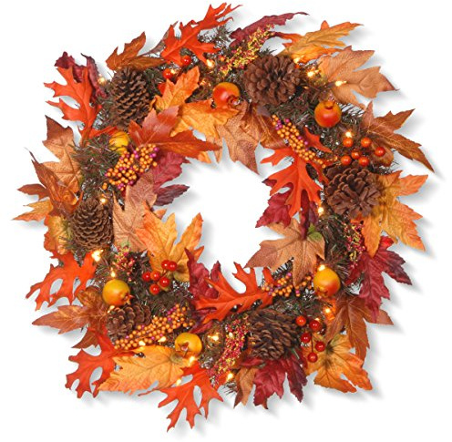 National Tree Company Pre-Lit Artificial Autumn Wreath, Decorated with Gourds, Pinecones, Maple Leaves, Berry Clusters and Lights, Autumn Collection, 24 in