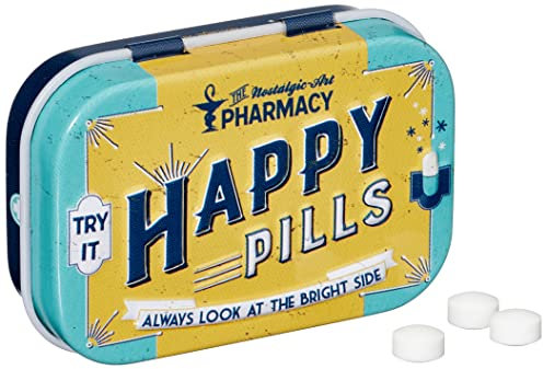 Nostalgic-Art Retro Pillendose, 4 x 6 x 1,6 cm, Happy Pills – Geschenk-Idee für Nostalgie-Fans, mit Pfefferminz-Dragees, Vintage Design