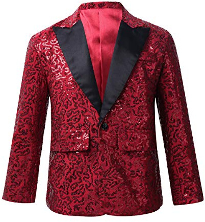 YiZYiF Bambini Ragazzi Shiny Paillettes Giacca Manica Lunga Blazer Slim Fit Tuxedo Giacca con V Neck Wedding Compleanno Giacca Borgogna 5-6 Anni