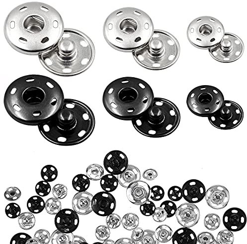 Leikedun Druckknöpfe Set, 60 Sätze Druckknopf Schwarz Silber Metall Druckknöpfe zum Annähen für Geldbeutel, Handtasche, Kleidung, Schuhe, Nähreparatur, Handwerk DIY, 0,75cm/0,85cm/1,2cm
