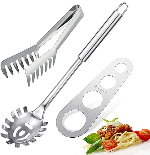 3-Piece Stainless Steel Spaghetti Server Set - Stainless Steel Pasta Tong, Spoon Server Fork and Measure Tool - Kitchen Cooking Utensil Set for Noodles Serving Gadgets