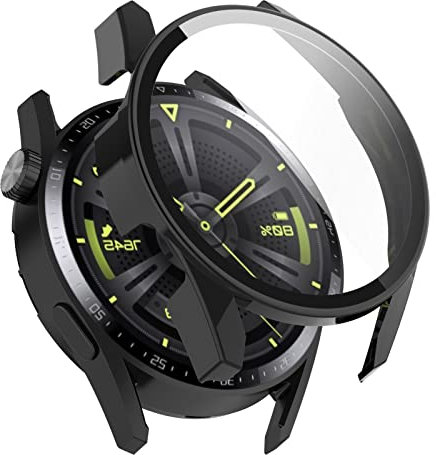 AWADUO Smartwatch Full Coverage PC Protective Case Cover With Tempered Glass Screen Protector For Huawei Watch GT3 46mm, Soft And Durable Black