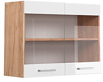 Vicco Küchenglasschrank R-Line, Glashängeschrank, Weiß Hochglanz/Goldkraft Eiche, 80 cm
