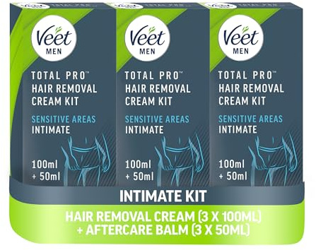 Veet Men Intimate Hair Removal Kit, with Aftercare Balm, Sensitive, 100 ml + 50 ml (Pack of 3), 1 Spatula, No Risk of Cuts, 7 Days of Smoothness, Dermatologically Tested (Packaging may vary)