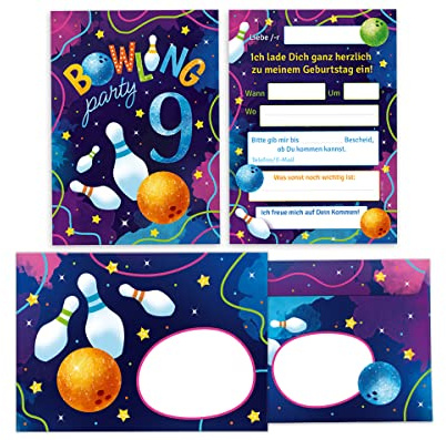 Junapack 12 Einladungskarten incl. 12 Umschläge zum 9. Kindergeburtstag Bowling Kegeln neunte Geburtstag Mädchen Jungen