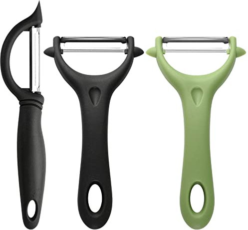 3 PCS Pelador, 2 Estilos Pelador de Cocina de Acero Inoxidable Pelador de Cocina con Mango Ergonómico para Verduras Fruta (Negra & Verde)
